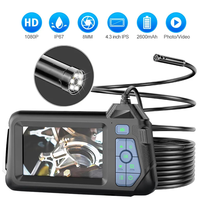 1080P Inspection Camera 4.3" Screen Endoscope 6 LEDs Car or Sewe