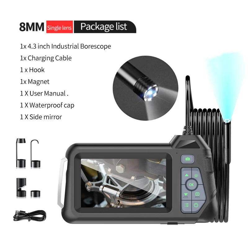 1080P Inspection Camera 4.3" Screen Endoscope 6 LEDs Car or Sewe